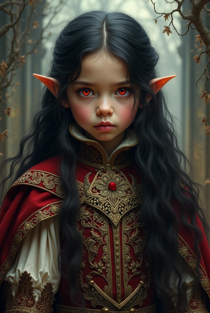 A child with long black hair and vibrant red eyes, dressed in a medieval noble outfit.
