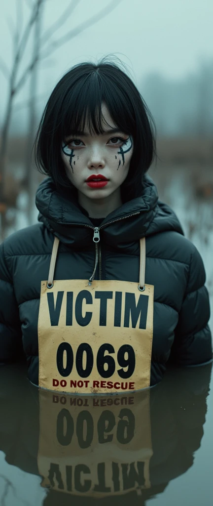 woman, bib "VICTIM 0069 DO NOT RESCUE", moncler ultra-short sporty collar only down jacket, faded flared jeans, stuck in mud bog,pale ethnic patterns ritual makeup, cold, red lips, sexy posing, bob haircut,
