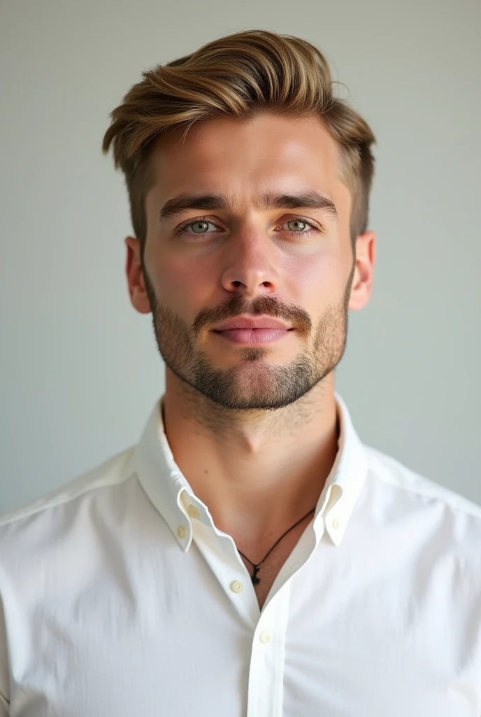 Michel 24 years old short blonde hair, Caucasian skin, with a mustache, chin beard, cute face, white shirt, German.