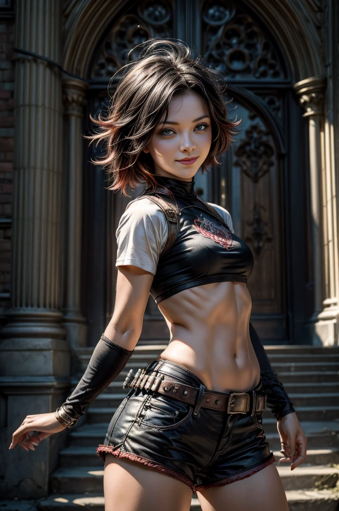 (masterpiece, best quality:1.2), cowboy shot, solo, dynamic pose, 1girl, ruby rose, looking at viewer, t-shirt, black shorts, smile, standing in front of old gothic church, in steampunk city street