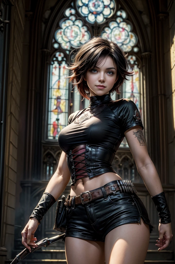 (masterpiece, best quality:1.2), cowboy shot, solo, dynamic pose, 1girl, ruby rose, looking at viewer, t-shirt, black shorts, smile, standing in front of old gothic church, in steampunk city street