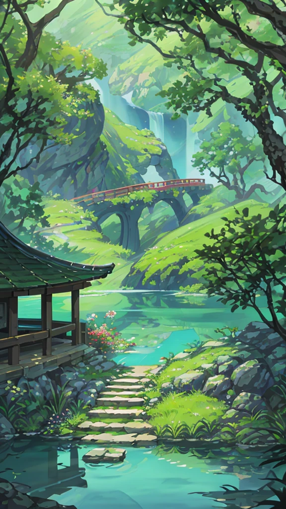 Chinese ancient times, spring, jungle, lake, cave, waterfall, tree, meadow, rock, deer, hot spring, water vapor, (illustration: 1.0), epic composition, realistic lighting, HD details, masterpiece, best quality, (very detailed CG unified 8k wallpaper)