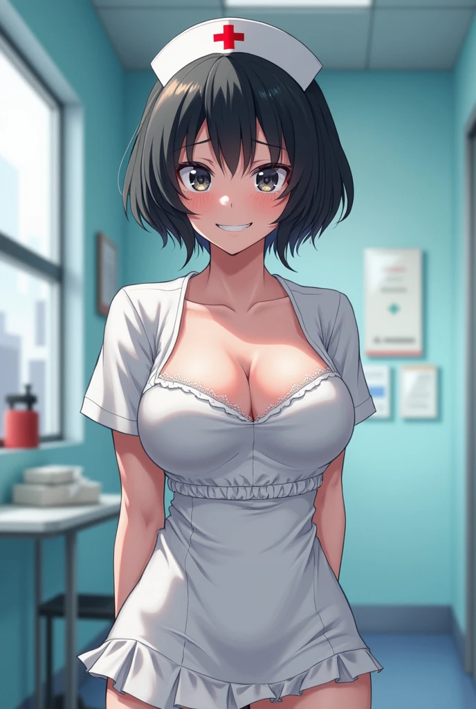 (8k、Highest quality、Highest quality、masterpiece)、Detailed face、One Girl、 Black Hair、short hair、、Blunt bangs、Grey Eyes、Wicked Smile、((Grin))、((bra))、((One piece skirt))、Cowboy Shot、((I had already finished))、hospital、Hospital room、Very large breasts、cheeks are bright red、blush、I&#39;m worried、White nurse uniform、Cleavage、Nipples are visible