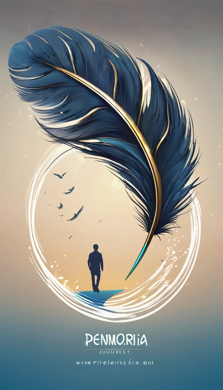 Create a professional, fantastic, cinematic dream-like logo design for a brand about music, stories, fantasy, memories and dreams called " Penamemoria". Masterpiece, 4k, sharp focus, highest quality,wide shot. The title is " Penamemoria". Is a brand about the creative, unique creative journey of a boy and a feather of memories. Minimalistic, simple, poetic, dreamy logo design at the center of the image. The Background image is a world full of feathers, unique birds, light blue sky, soft white and golden. Logo design of a unique, creative, masterpiece feather of memories