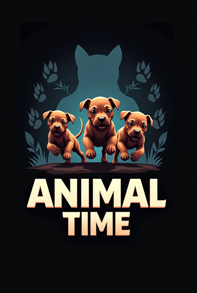 Logo that says Animal Time with dark colors, with large animal footprints in the background, and adorable little pitbull puppies running behind 