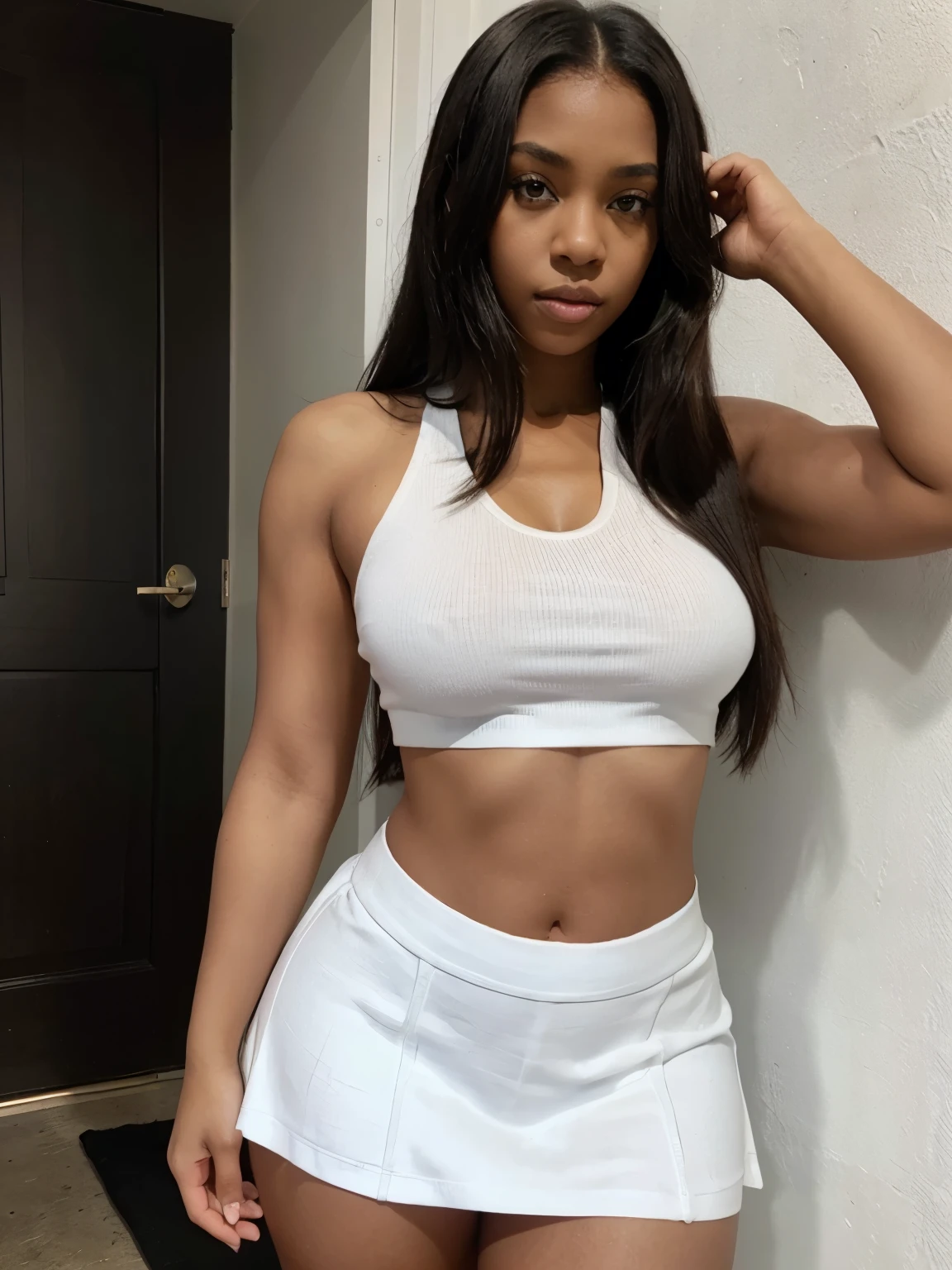 Black girl , straight hair ,big eyes , brown eyes , thick body, sexy body, wearing a white crop top and black skirt