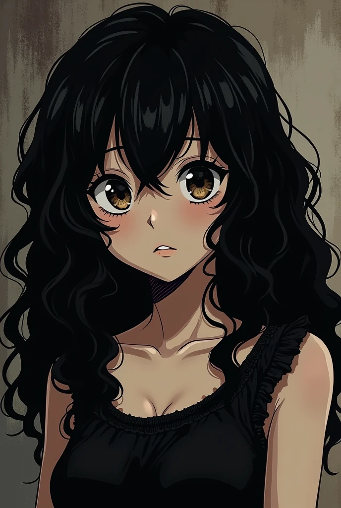 Dark girl with wavy hair in old anime style with a half happy face and emo comic style