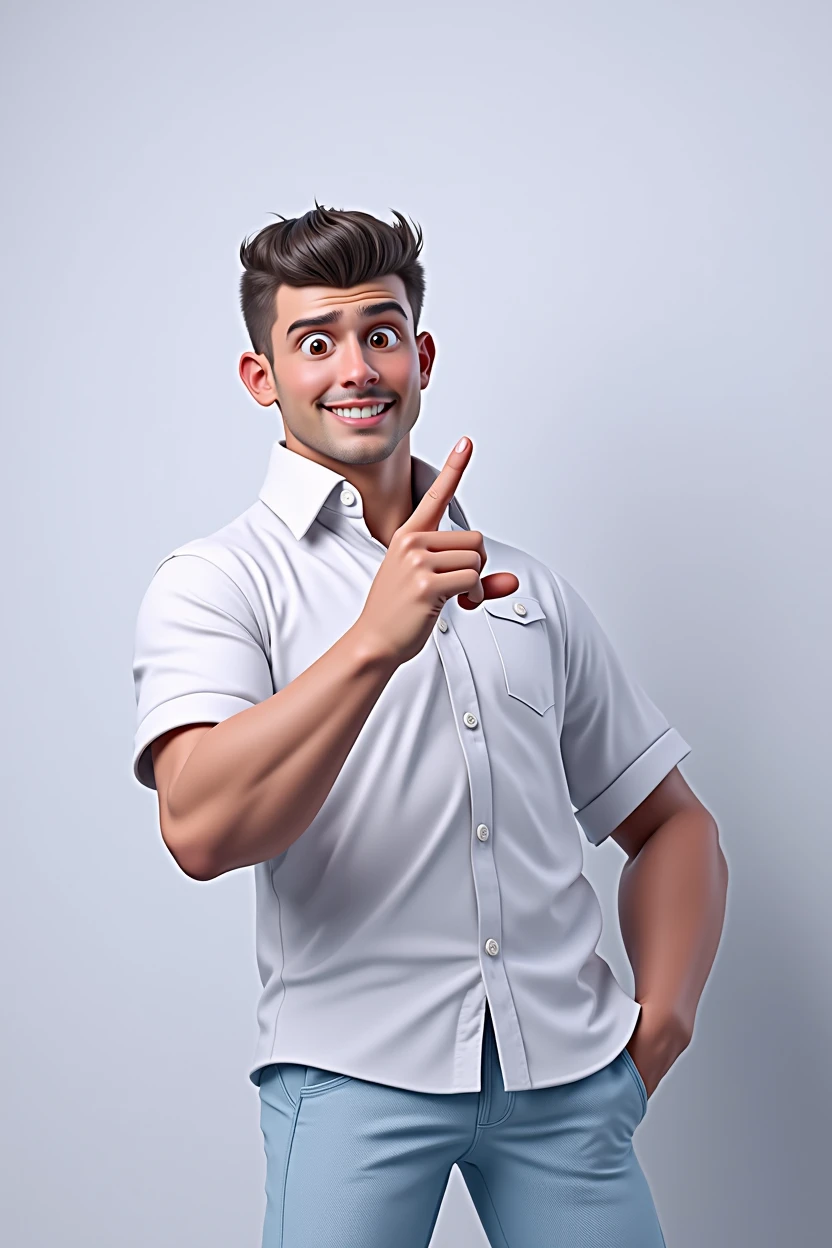 make a man happy with short fade haircut, with a white polo collar shirt with buttons on the front, making the sign of 2 with the fingers of the right hand , white background, tom, Pixar-style, ..3d, Cartoon s, face detailed, asymmetric 16k