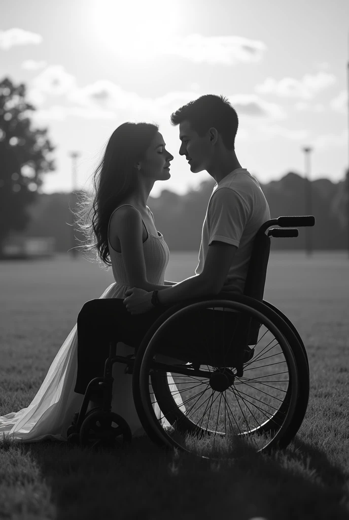 L'ombre en NOIR d'une jeune femme avec les cheveux détaches assis sur les genoux d'un jeune homme ayant le profil parfait en fauteuil roulant et qui se regardent sur un terrain de foot et  fond un beau ciel