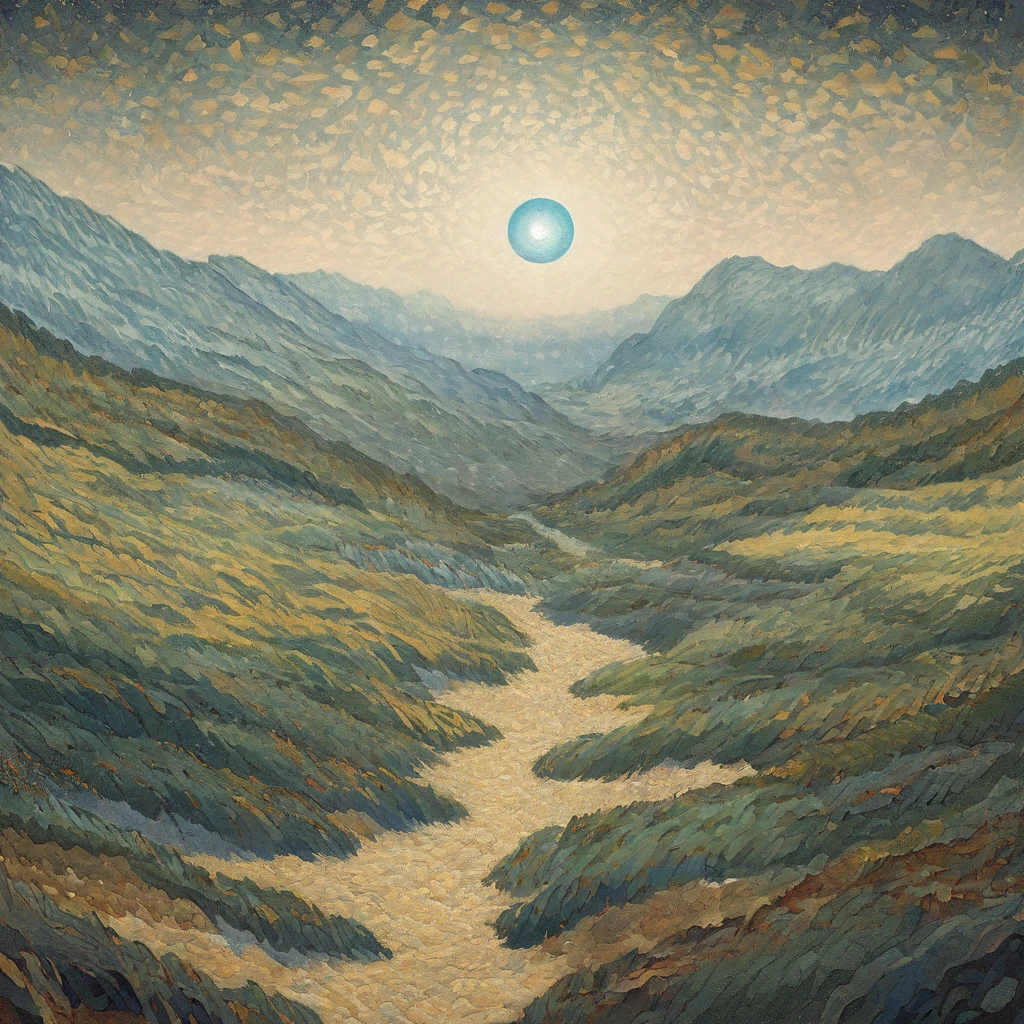 A man stands in the wilderness, blue dot light spinning, Vincent van Gogh's painting style, pointillism style, magnificent landscapes, illustrations, negative space, intagliography, art, acrilic art paint, acrilic color texture