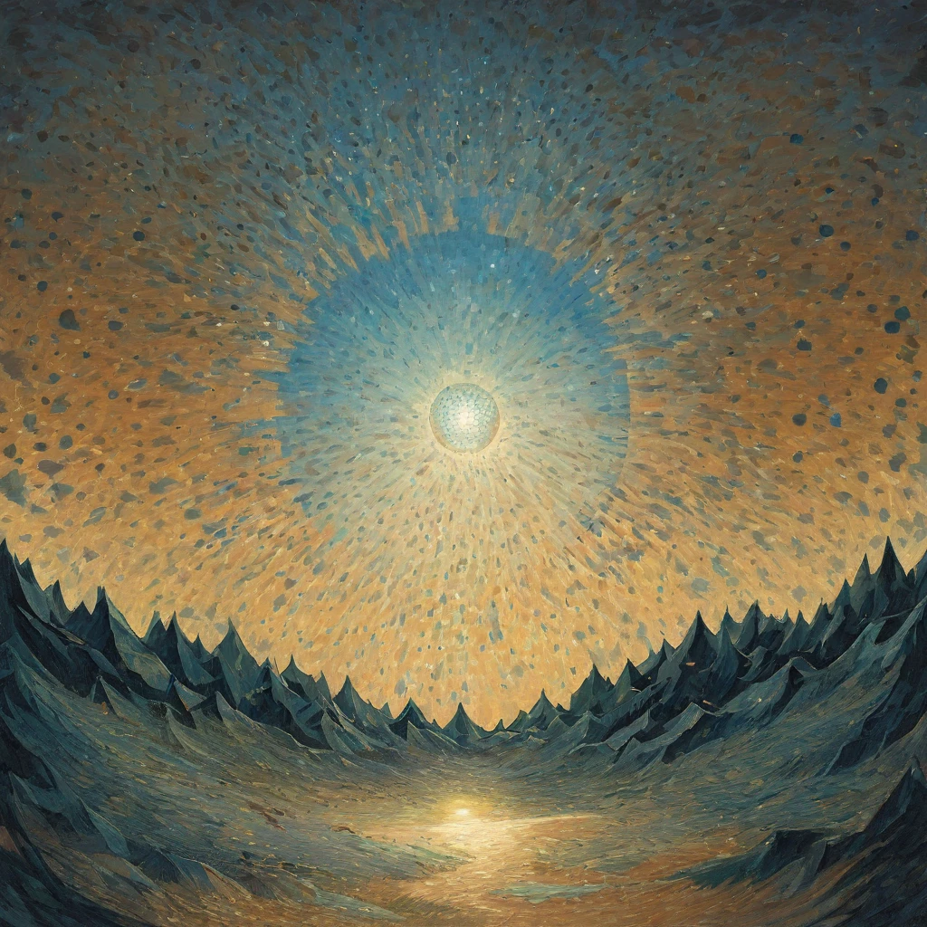 A man stands in the wilderness, blue dot light spinning, Vincent van Gogh's painting style, pointillism style, magnificent landscapes, illustrations, negative space, intagliography, art, acrilic art paint, acrilic color texture