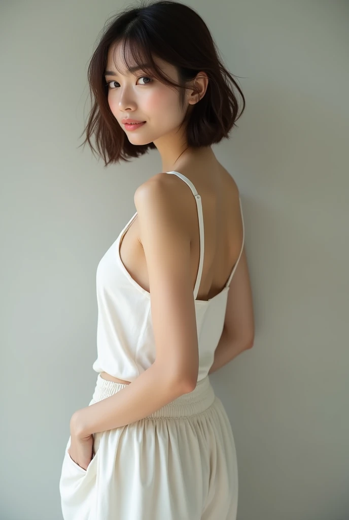 1girl, 8 , short black hair with bangs, japanese, wearing white cami, standing, eyes closed, 8K, realistic, masterpiece,