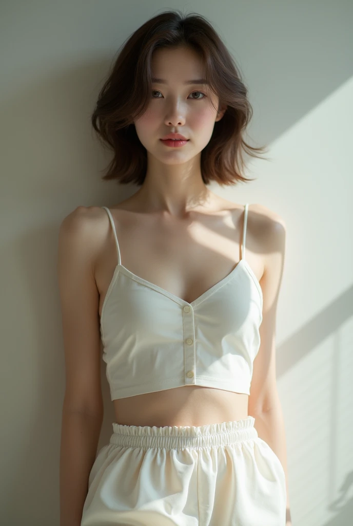 best quality, masterpiece, (photorealistic:1.4), 1girl undressing her blouse in the fitting room, revealing her white camisole, small breast, shot with Nikon D5, raw photo,