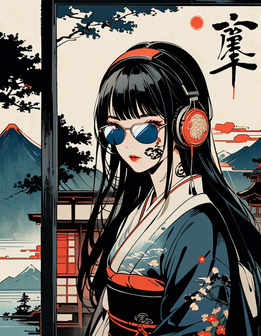 Ink Painting, (((girl1人))), (((Tattoos on the face))), (((sunglasses))), Japanese style headphones, beautiful girl, Black Hair, Delicate and precise, Modern ukiyo-e style, darkness,scenery多め,girl小さめ,5:1=scenery:girl,