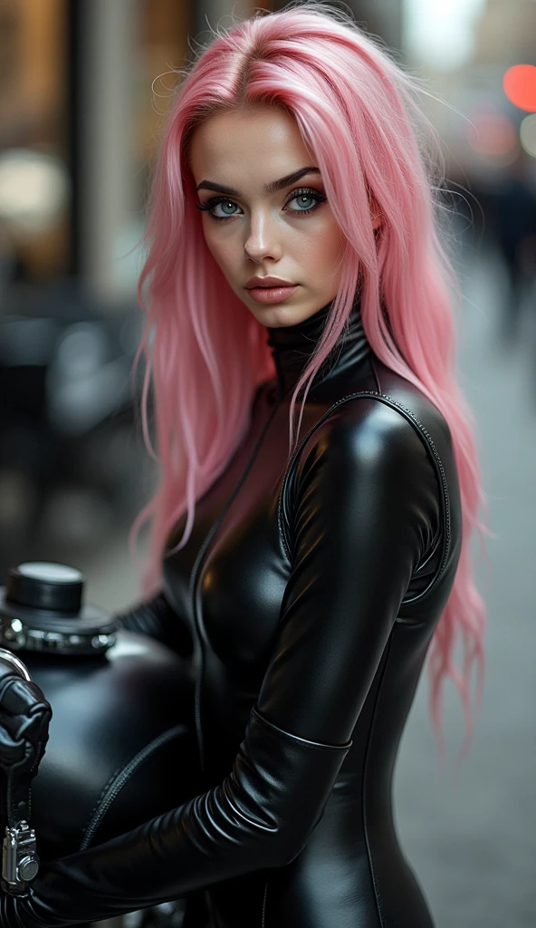 Full lenght, pink hair, narrow face, grey eyes, girl, 18 years old, slim figure, almond-shaped eyes, button nose, full lips, european appearance, ultra highly intricate detailed, black eyeliner, leather bodysuite, over knee boots, looking at the camera, professional photography, ultra sharp focus, very beautiful, motorcycle