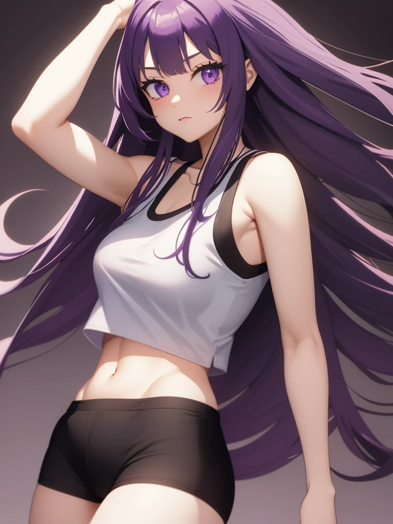 Anime, 1girl, solo, long_hair, purple_eyes, purple_hair, bare_shoulders, closed_mouth, upper_body, bangs, sidelocks, anime_coloring, white crop top, black athletic shorts