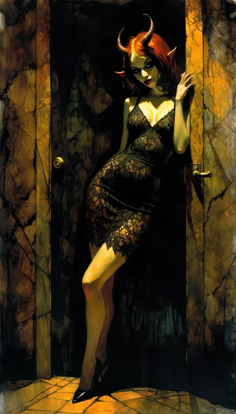 sexy demon girl in the door to hell, black lace dress , eroticism,chiaroscuro, sensual, dramatic lighting, moody atmosphere,dark and brooding, expressionistic, powerful composition, emotional impact ,art inspired by Bill Sienkiewicz and Dave Mckean