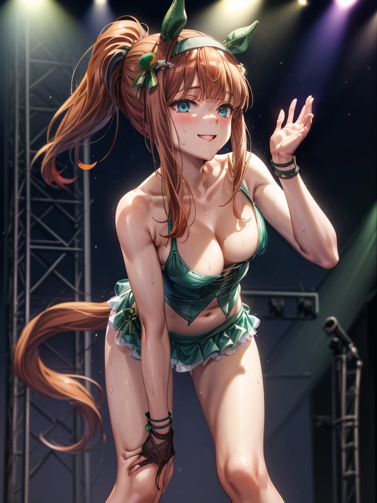 Armpit Show,Sexy dance show,One girl,alone,Silence Suzuka \(umamusume\),Excellent anatomy, masterpiece, Highest quality,Realistic, hyperRealistic, 16k hdr,Smile,((Live Stage,Spotlight:1.1)),(See-through costume:1.2),Stage Costumes,Horse tail,Ultra mini skirt,belly button,Micro Panties,(Large Breasts,Cleavage:1.2),Sweat,(Sexy pose,Are standing,Spread your legs:1.2),(Leaning forward:1.3),(From below,look up:1.3),breast focus,ponytail