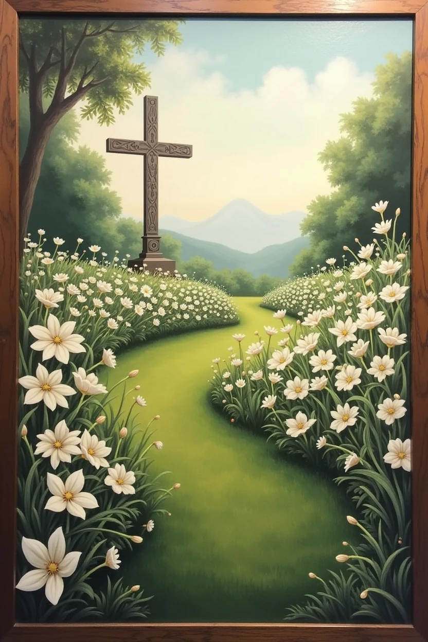 Painting of a Garden Of a variety of White Flowers And very green grass all around and The Cross in The Middle Of the Garden Far off in the distance, border of picture is wood like a painting portrait 