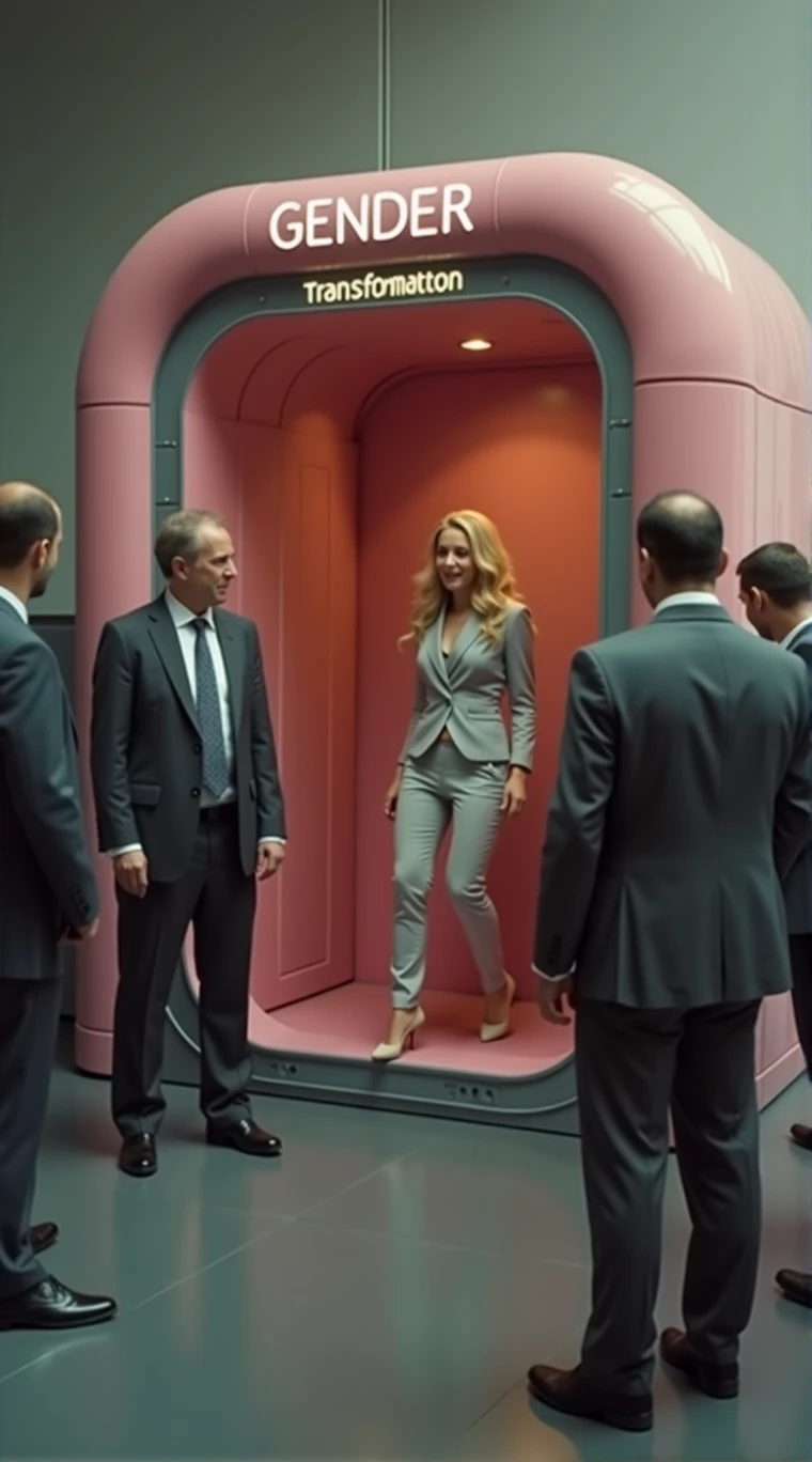 A woman exits a large pink technological futuristic booth. It has a sign that says “gender transformation booth”. She has a shocked look on her face. There are lots of men lined up to go into the booth.
