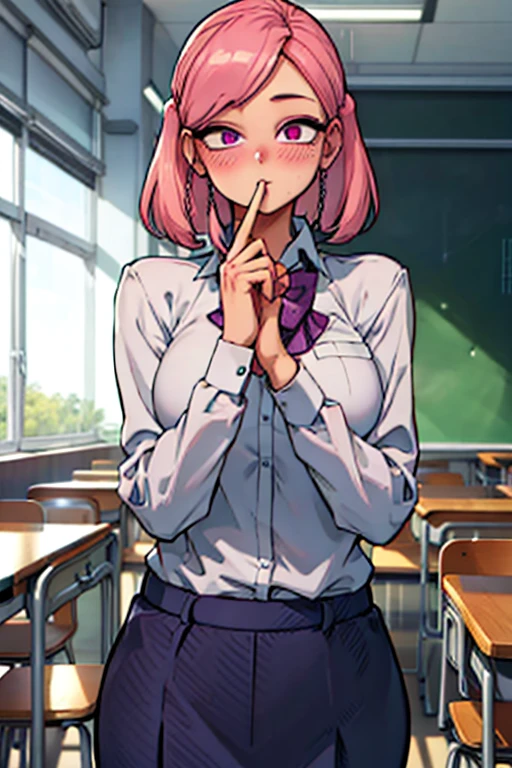 Perfect face. Perfect hands. A pink haired woman with violet eyes and an hourglass figure in a school uniform is blushing in a classroom