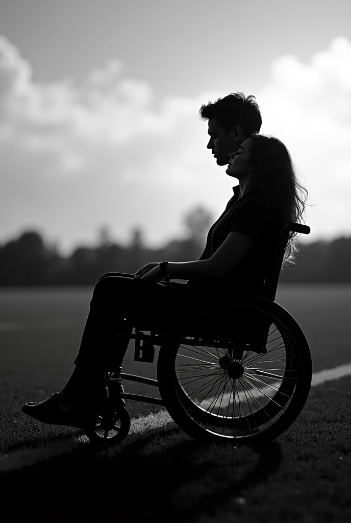 L'OMBRE en NOIR d'une jeune femme avec les cheveux détaches endormi sur les genoux d'un jeune homme ayant le profil parfait en fauteuil roulant et qui se regardent sur un terrain de foot et  fond un beau ciel photo en noir et blanc