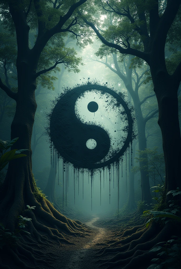 yin and yang surrounded by dark forest