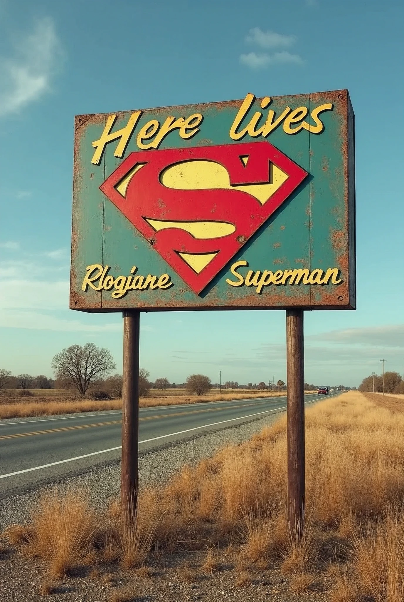 a roadside advertisement where you flirt "Here lives Superman" and add your logo, The announcement is like those welcoming people to the towns in the USA, The announcement is like the old ones with nice handwritten letters
