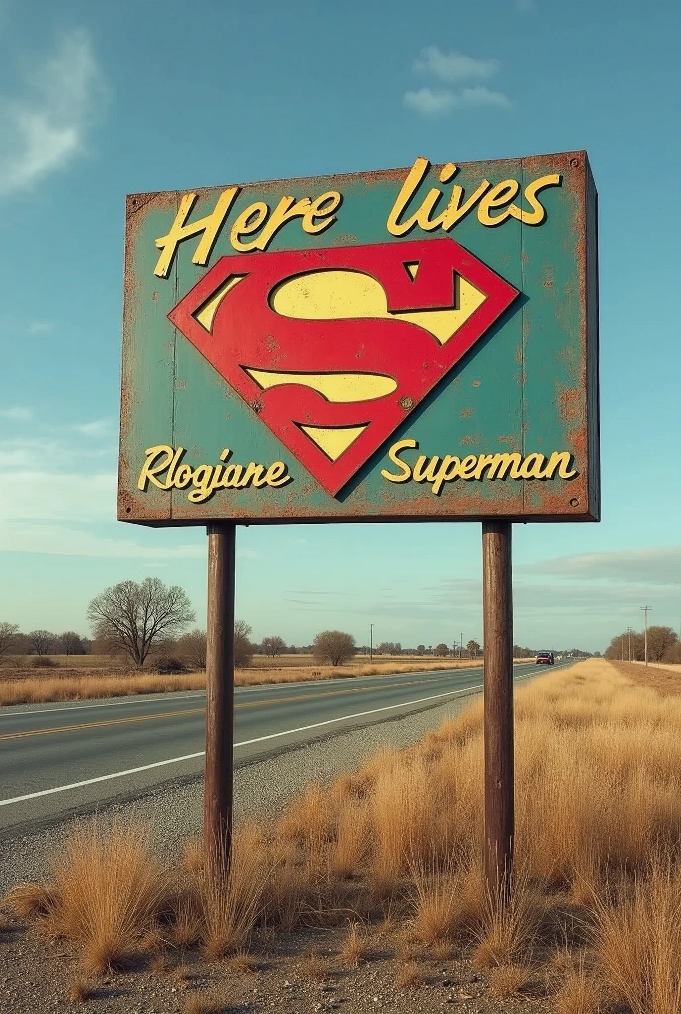 a roadside advertisement where you flirt "Here lives Superman" and add your logo, The announcement is like those welcoming people to the towns in the USA, The announcement is like the old ones with nice handwritten letters
