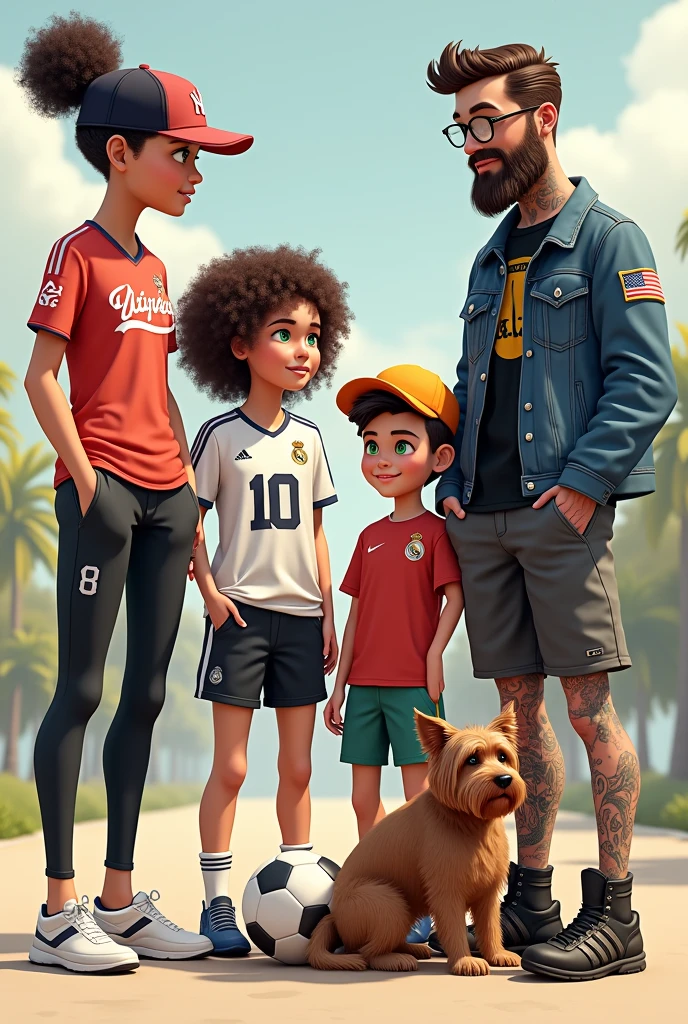 Tall girl Yankees cap curly hair long sport shirt tight pants Adidas shoes, next to a curly-haired girl with white skin wearing a white Real Madrid shirt number 10, Adidas cleats and a soccer ball on her foot, next to a tall boy wearing a one-piece shirt and Adidas forum shoes, and next to him a man with green eyes wearing a beret and reading glasses wearing a black jeans jacket, a rocker shirt, black Harley boots, tattooed skin, next to him a small brown dog 