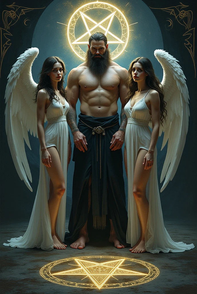 Pentagram goats two winged women and a bearded muscular man