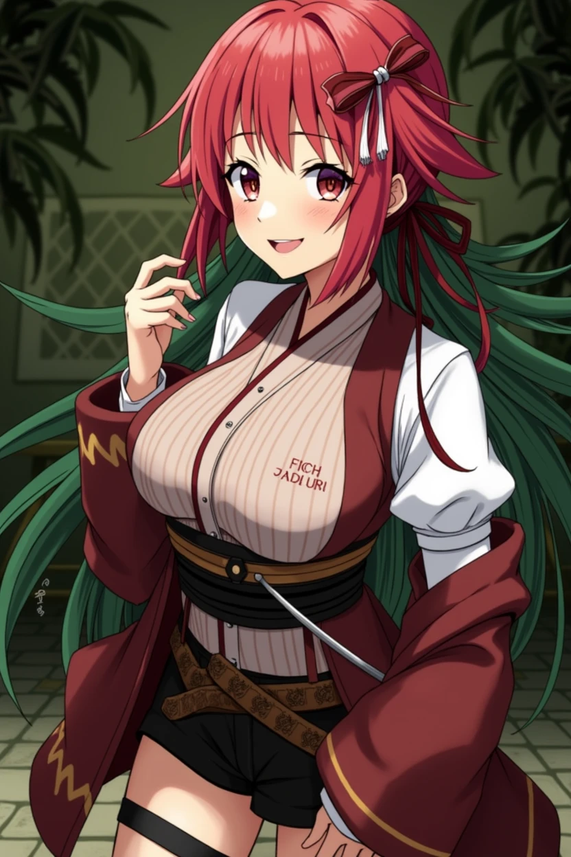 masterpiece, best quality, ultra-detailed, 1girl (namiop, Big and pretty breasts, , jewelry, earrings, dog collar, orange hair,long hair, brown eyes), a come-hither face, wicked smile, parted lips, makeup, glow lips, facing viewer, looking at viewer, solo, kimono, japanese clothes, short kimono, undress, nipples, navel, pussy, wanostyle, night time, in the livingroom, standing, Sexy waist teasing,  hands up, a provocative  pose, from_below, undressing 