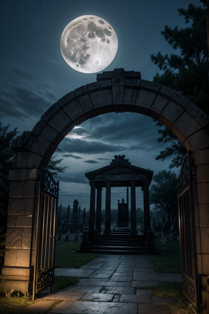 
FULL MOON NIGHT, GLOOM CEMETERY, HAS A GIANT STONE WITH AN IRON GATE