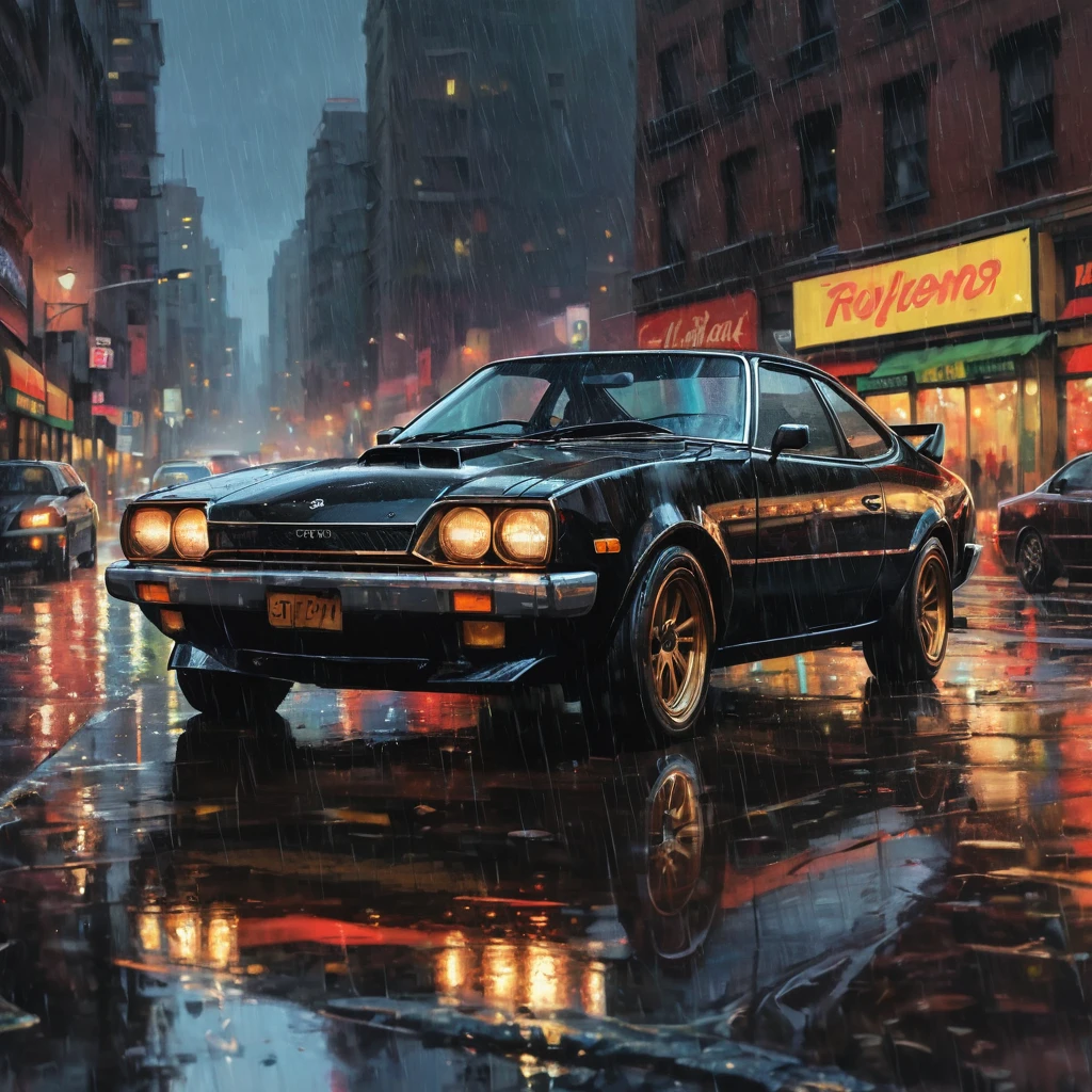 A black chrome toyota celica GTV AT22 full option dark race but classic car in the style of sam spratt, historical vintage car, old masters, genndy tartakovsky, soggy, masaccio, a 1990s poster style with rainy  details, colorful with vibrant colors, (low-light, breathtaking panoramic:1.3), night newyork city background, rainny, light reflection at the floor, acrilic art paint