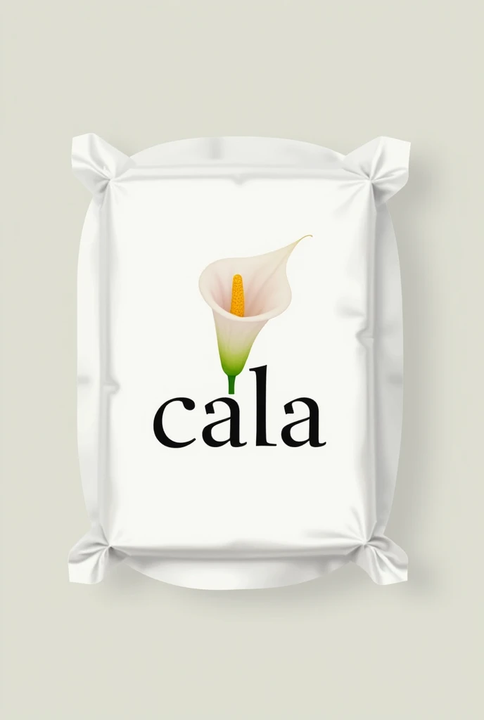 I want a 40cmx27cm toilet paper packaging made with the cala flower and the name of the logo is cala so that the visual weight is the name. The colors that would be used would be white with touches of gold and pink. Product Name: "cala"
Main element: A stylized calla flower. The flower should be the main focus of the logo and designed in an elegant and simple way., so that it looks good both in large and small sizes. You can opt for a minimalist illustration or a more detailed design., depending on the style you prefer.
Typography: Name "cala" It can be in a soft and elegant font, that complements the flower. You could use a serif or handwritten font., something that reflects delicacy and sophistication. The typography must be clear and legible..
colors: Consider a color palette that includes soft, cool tones. For example:
White for toilet paper, since it is the traditional color.
Light green or white for the calla flower.
A touch of pale yellow or gold in the center of the flower to give it life.
Design and Composition:
The calla flower can be at the top of the logo or to the side of the text., depending on how you want to balance the design.
Make sure there is enough space between the flower and the text so that each element is clearly visible..
You might consider a subtle frame around the logo to give it a defined shape and make it stand out..
Additional Details:
If the logo is going to be used in different formats, make sure it's versatile. It might be helpful to have color and black and white versions..
Think about how the logo will look in different applications, as packaging, ads and online.
that the photo of the flower is real and that it is in packaging format