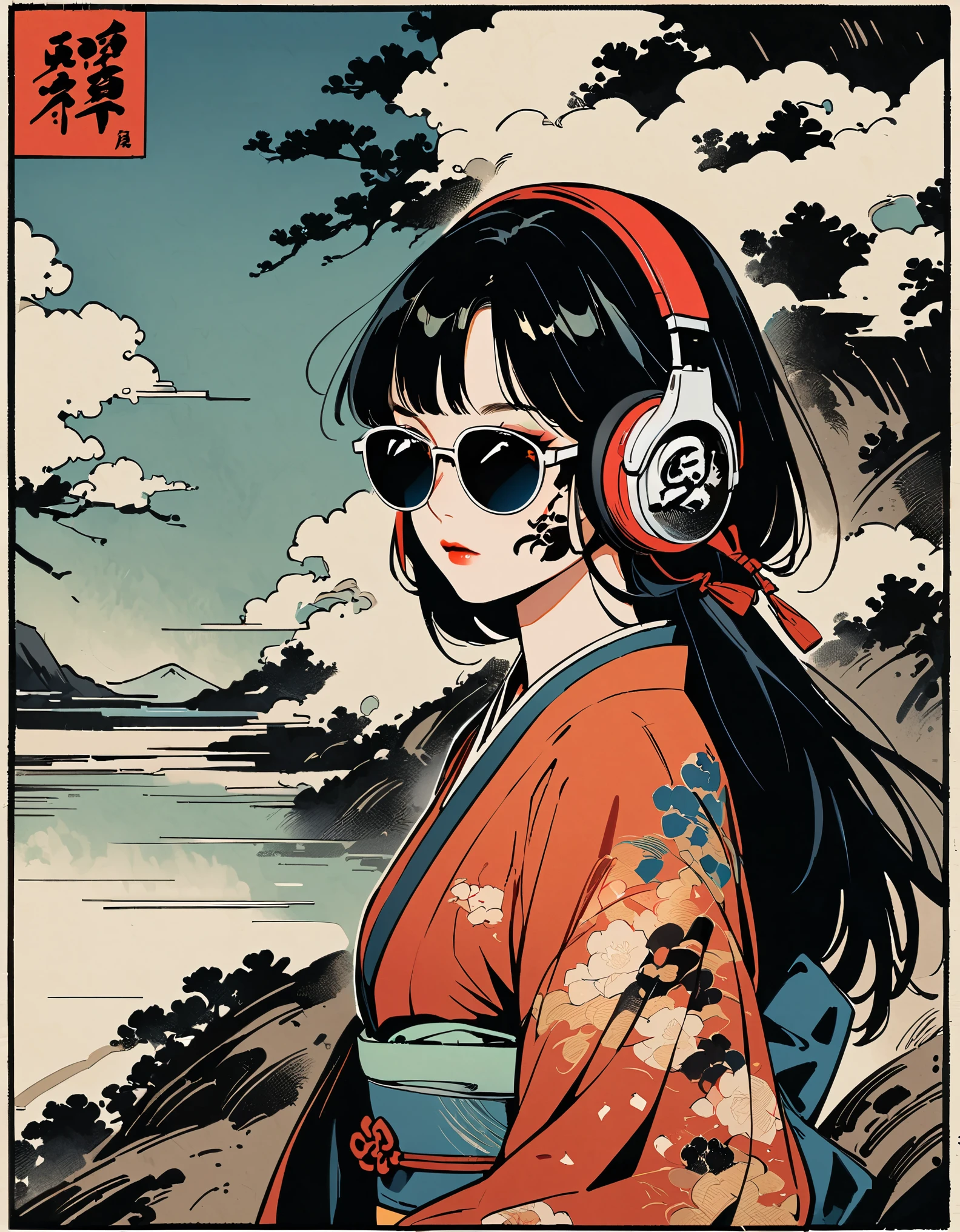 Ink Painting, (((girl1人))), (((Tattoos on the face))), (((sunglasses))), Japanese style headphones, beautiful girl, Black Hair, Delicate and precise, Modern ukiyo-e style, darkness,scenery多め,girl小さめ,5:1=scenery:girl,