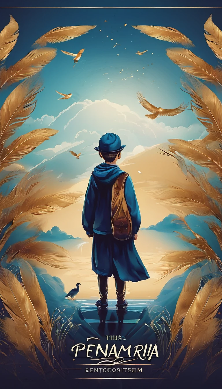 Create a professional, fantastic, cinematic dream-like logo design for a brand about music, stories, fantasy, memories and dreams called " Penamemoria". Masterpiece, 4k, sharp focus, highest quality,wide shot. The title is " Penamemoria". Is a brand about the creative, unique creative journey of a boy and a feather of memories. Minimalistic, simple, poetic, dreamy logo design at the center of the image. The Background image is a world full of feathers, unique birds, light blue sky, soft white and golden. Logo design of a unique, creative, masterpiece feather of memories and a boy guitarrist. Make the logo minimalistic and impressive, unique, dreamy, fantastic. Must convey a feeling of cinematic storytelling, stories, dreams and music.