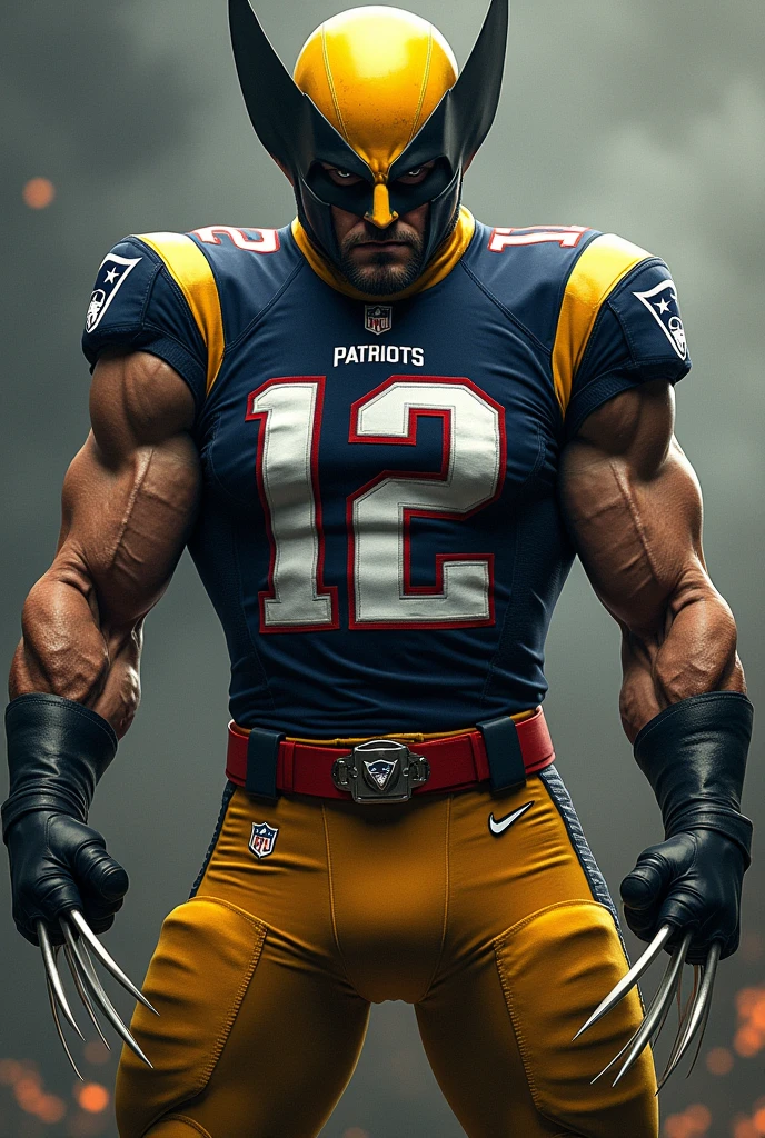 Wolverine con Mascara amarilla y jersey #12 de New England Patriots