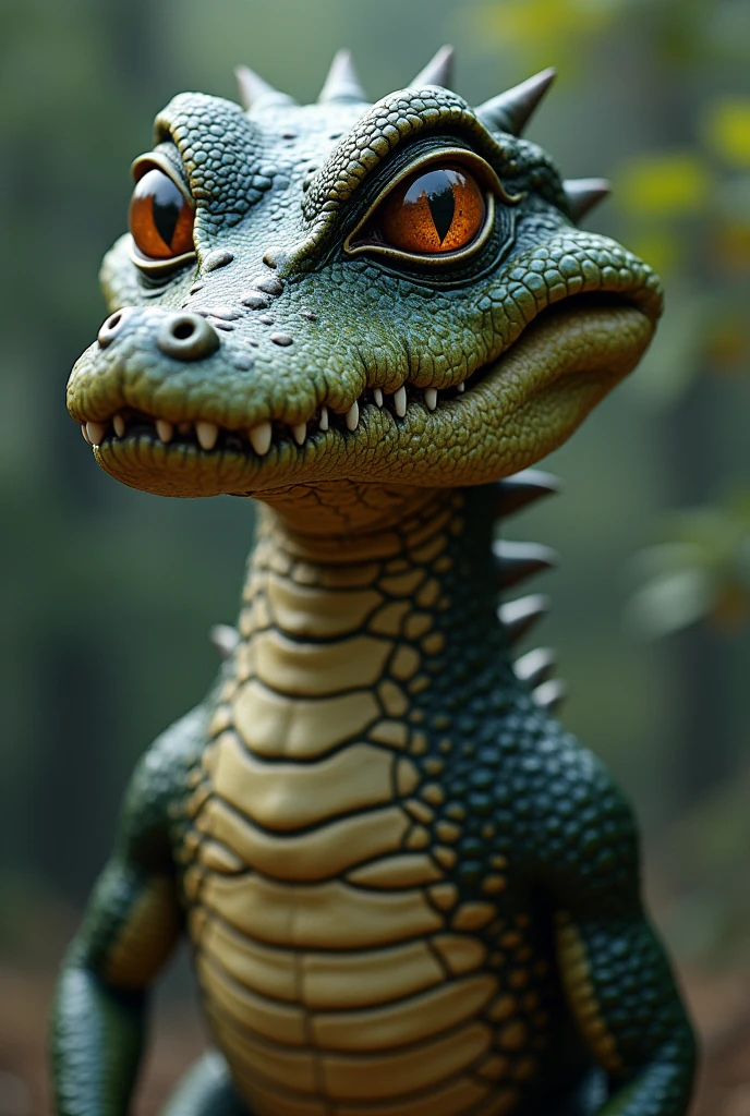 Create a realistic image of a hybrid with a human head and an alligator body