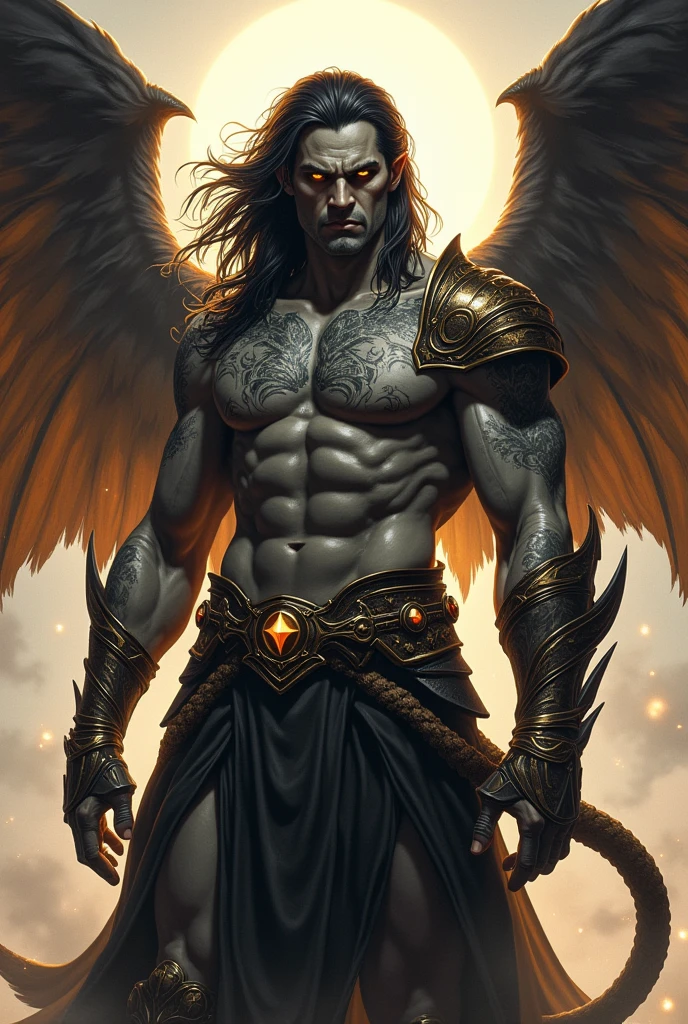 Create a male tiefling paladin character with gray skin, gold eyes, black hair, wings, rabo, tatoo, in a clear scenario 
