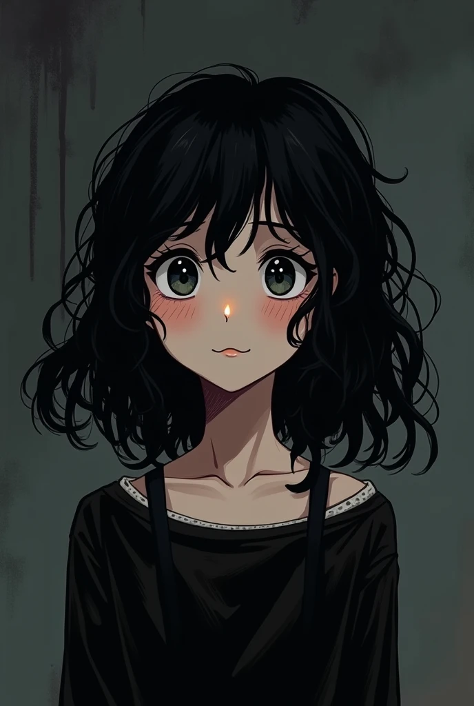 Dark girl with wavy and fluffy hair in old anime style with a happy face and with an emo comic style and with a medium dark background