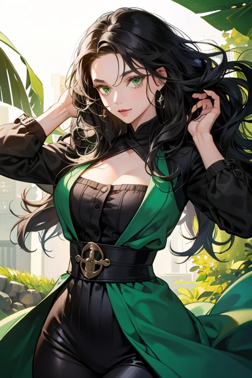Green Mini Dress Chest Sleeve One Piece Big Breasts Ass Semi-Long Black Hair Hair Curl Japan Turning