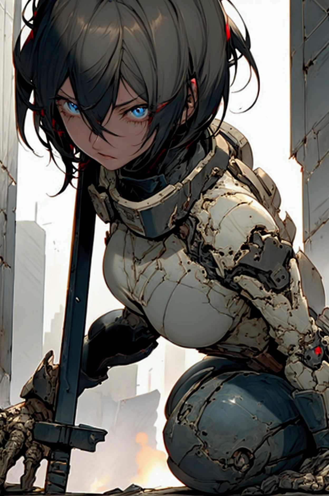 Mikasa Ackerman plays rock on electric guitar. dynamic pose. In the background is a destroyed post-apocalyptic city.
