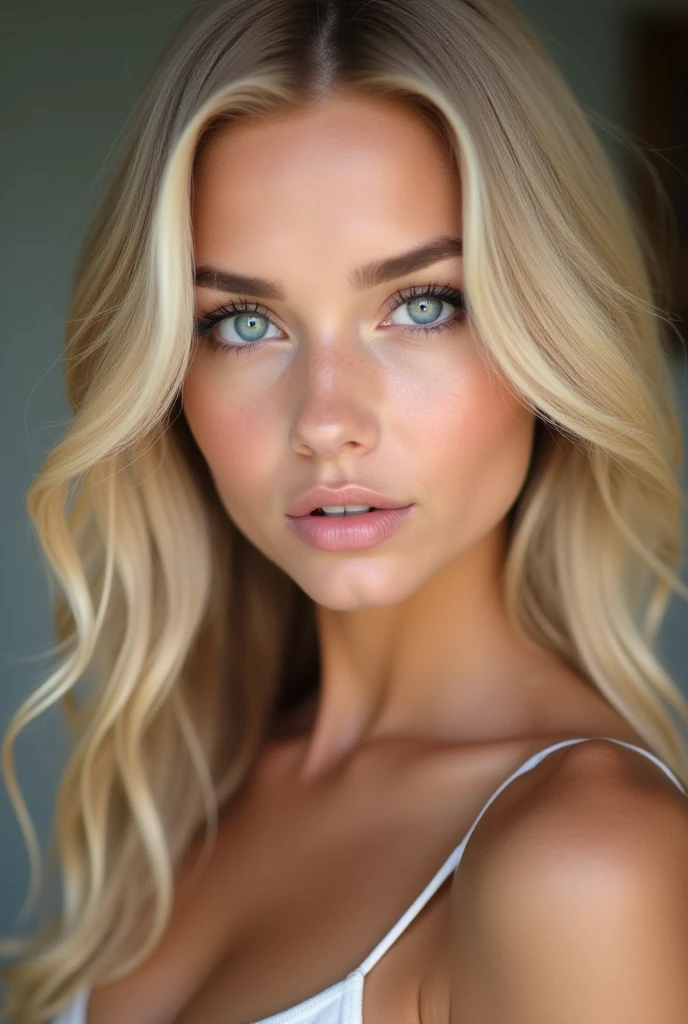 Create a very beautiful blonde girl with blue eyes, a beautiful body, very smooth skin and beautiful, big eyes.