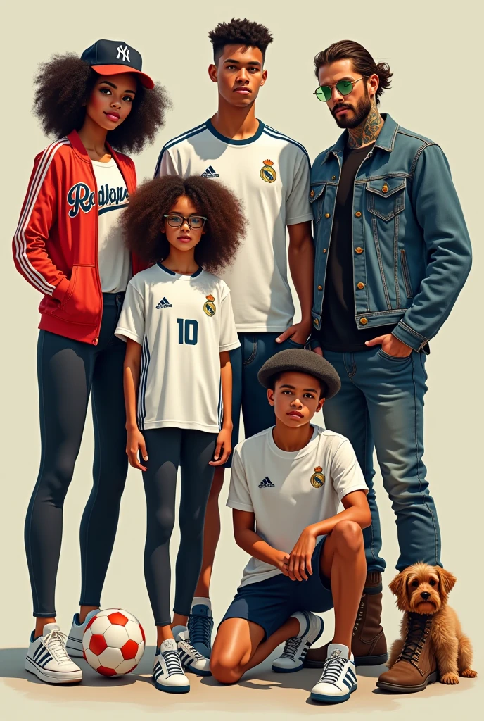 Tall girl Yankees cap curly hair long sport shirt tight pants Adidas shoes, next to a curly-haired girl with white skin wearing a white Real Madrid shirt number 10, Adidas cleats and a soccer ball on her foot, next to a tall boy wearing a one-piece shirt and Adidas forum shoes, and next to him a man with green eyes wearing a beret and reading glasses wearing a black jeans jacket, a rocker shirt, black Harley boots, tattooed skin, next to him a small brown dog 
