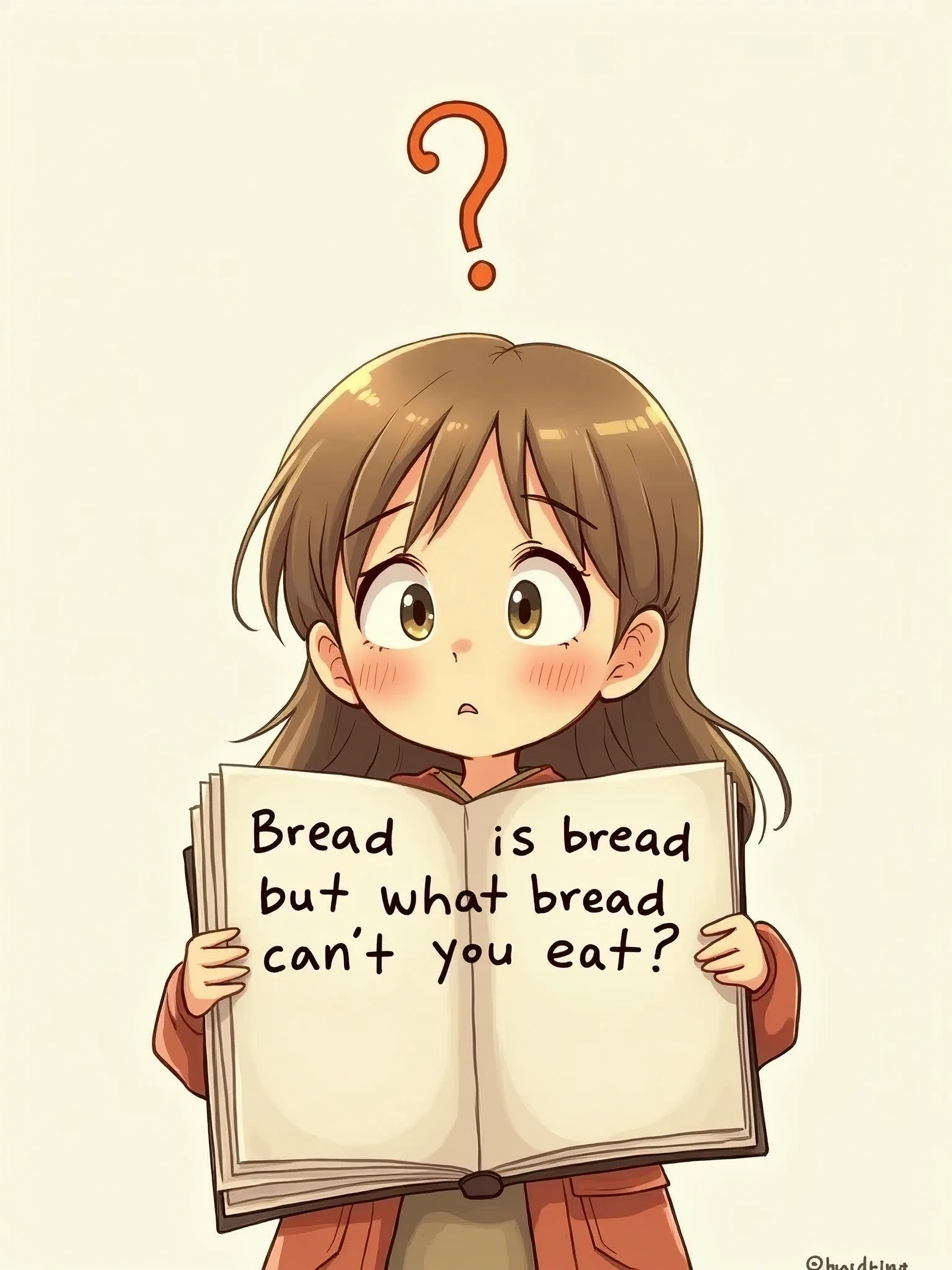 1 girl,A question mark floats over her head,tilts her head, She is holding both ends of the notebook and it to us, In her notebook, she wrote in poor handwriting, "Bread is bread, but what bread can't you eat?"