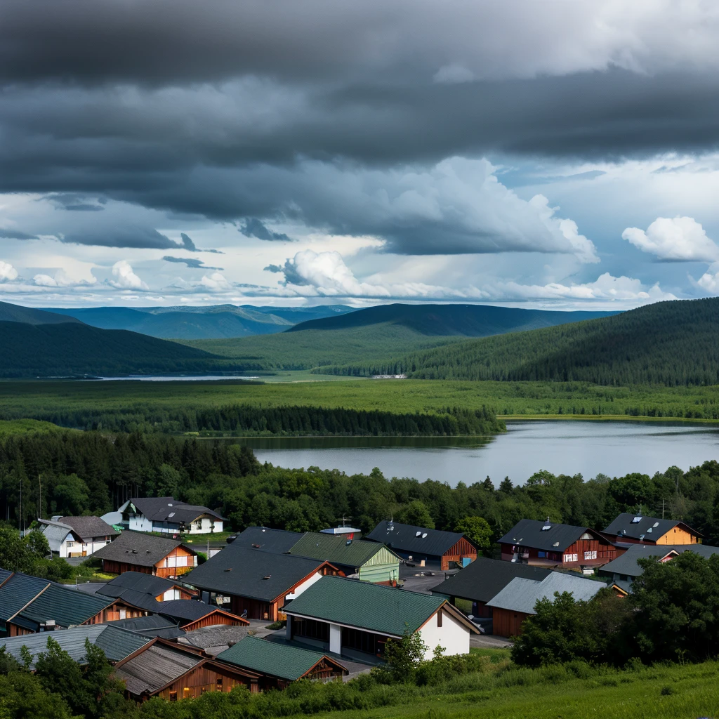 Small town seen from a hill, rainy mood, surrounded by green fields and taiga forests