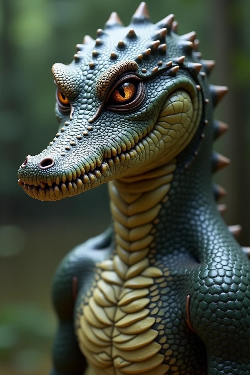 Create a realistic image of a hybrid with a human head and an alligator body