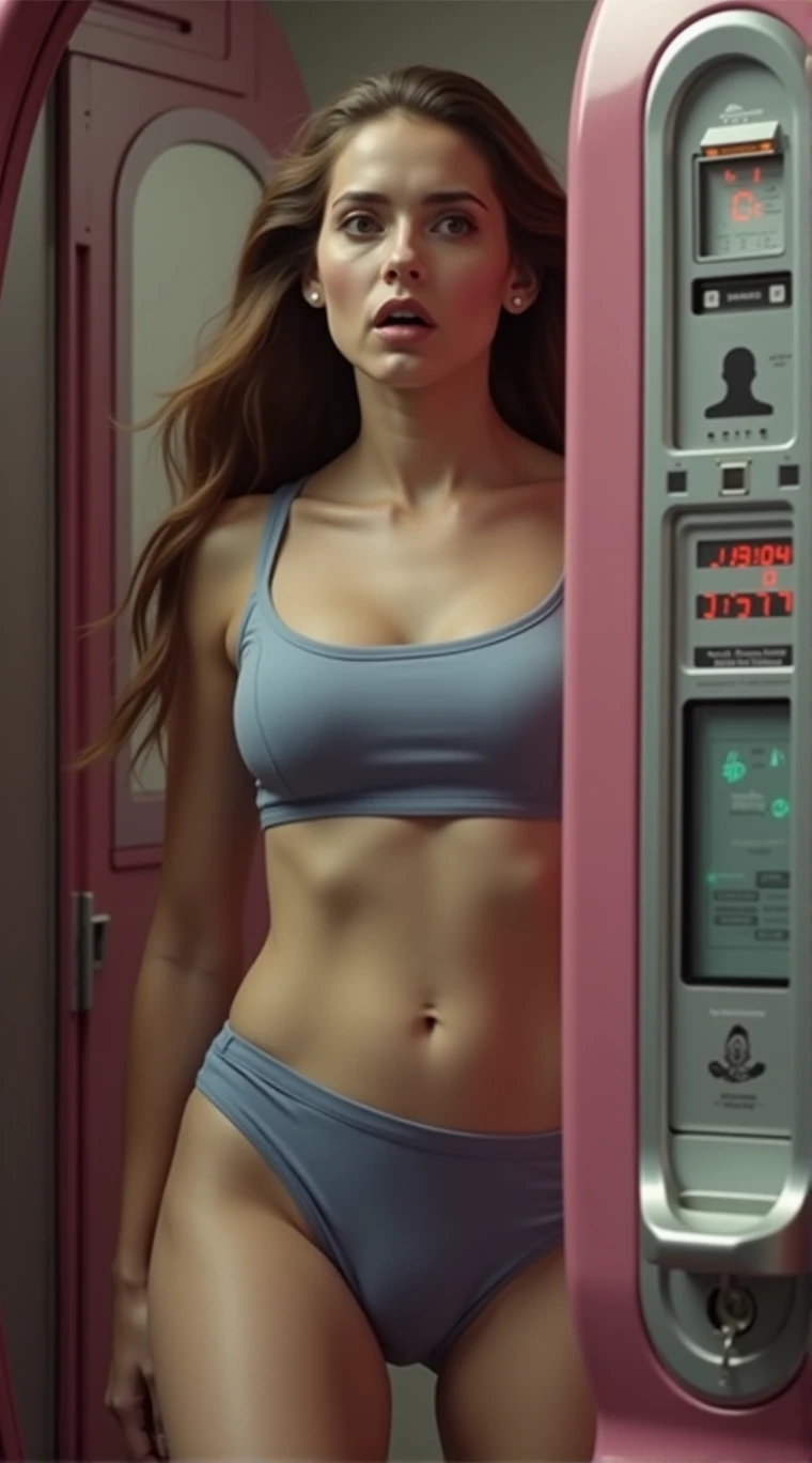 A woman exits a large pink technological futuristic booth. It has a sign that says “gender transformation booth”. She has a shocked look on her face. There are lots of men lined up to go into the booth.