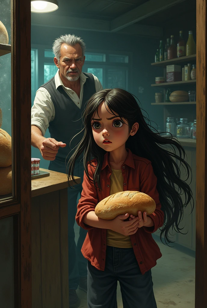 A 12 year old girl with long hair stealing bread from a store and the owner of the bread wanting to hit her that the owner hits her that he tries to kick her that he kicks her that the girl cries